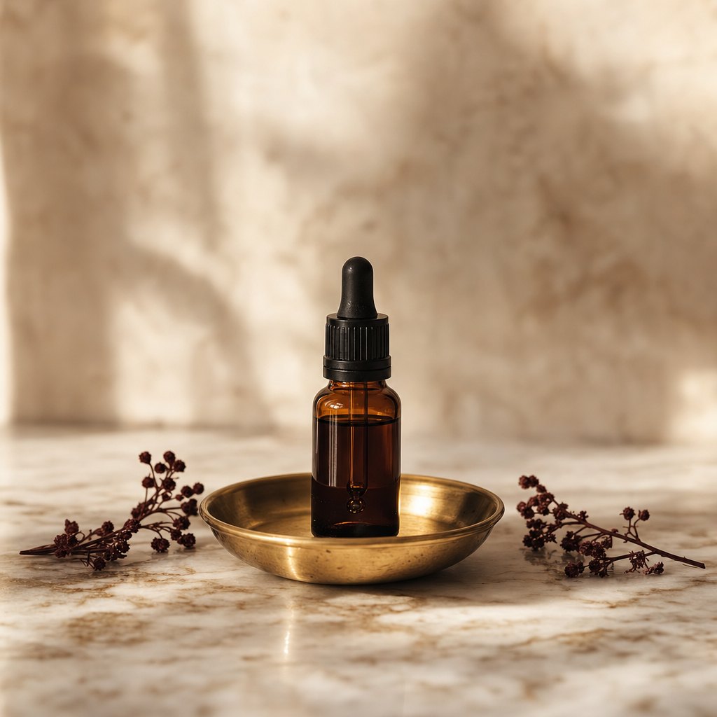 Amber dropper bottle of black seed extract in a brass dish
