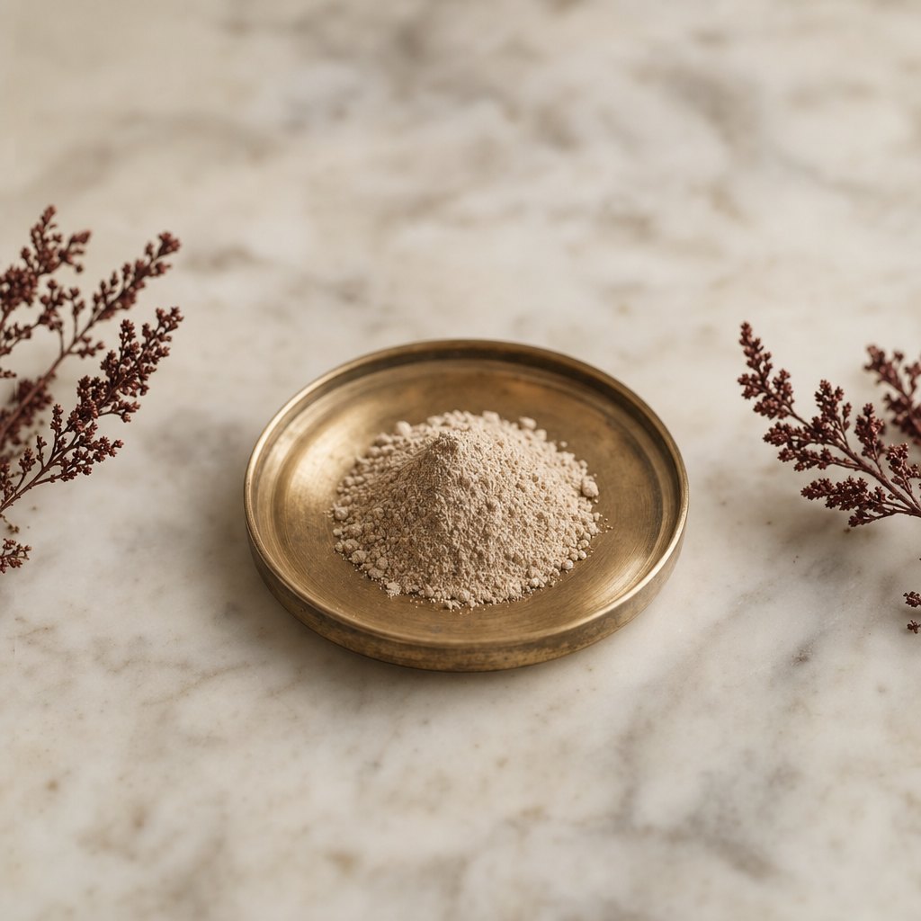 Beige baker's-yeast beta-glucan powder in a brass dish on marble